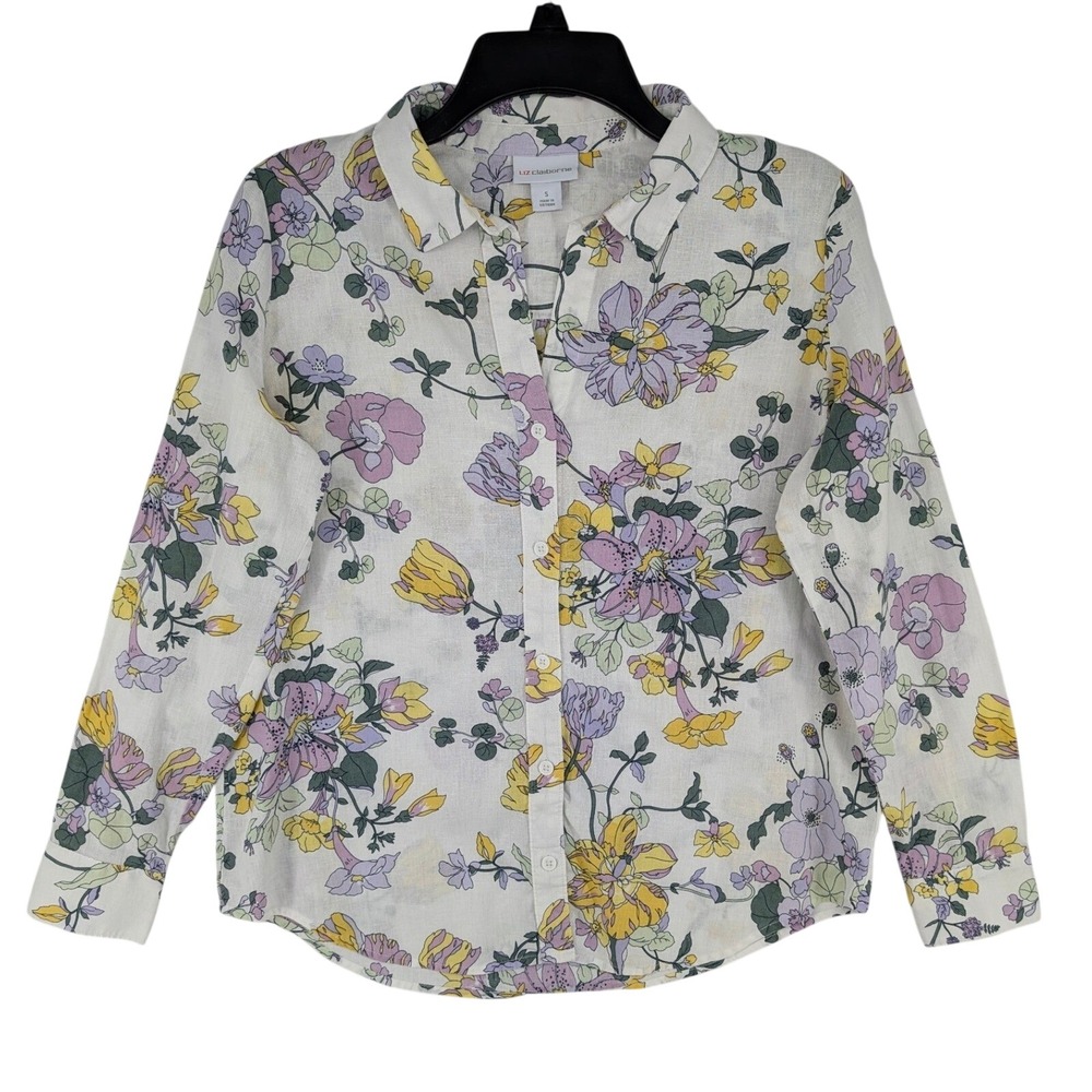 Liz Claiborne Floral Button Down S White Linen Cotton Blend Long Sleeve Blouse
